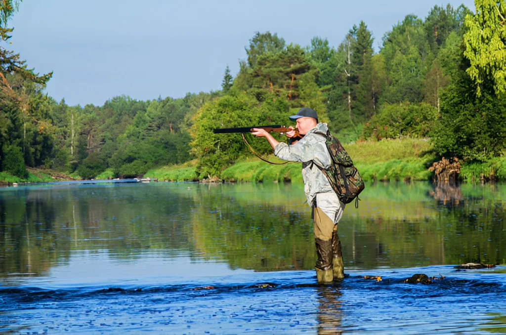 A man holds a gun while standing in the water, showcasing a determined stance amidst the serene surroundings.