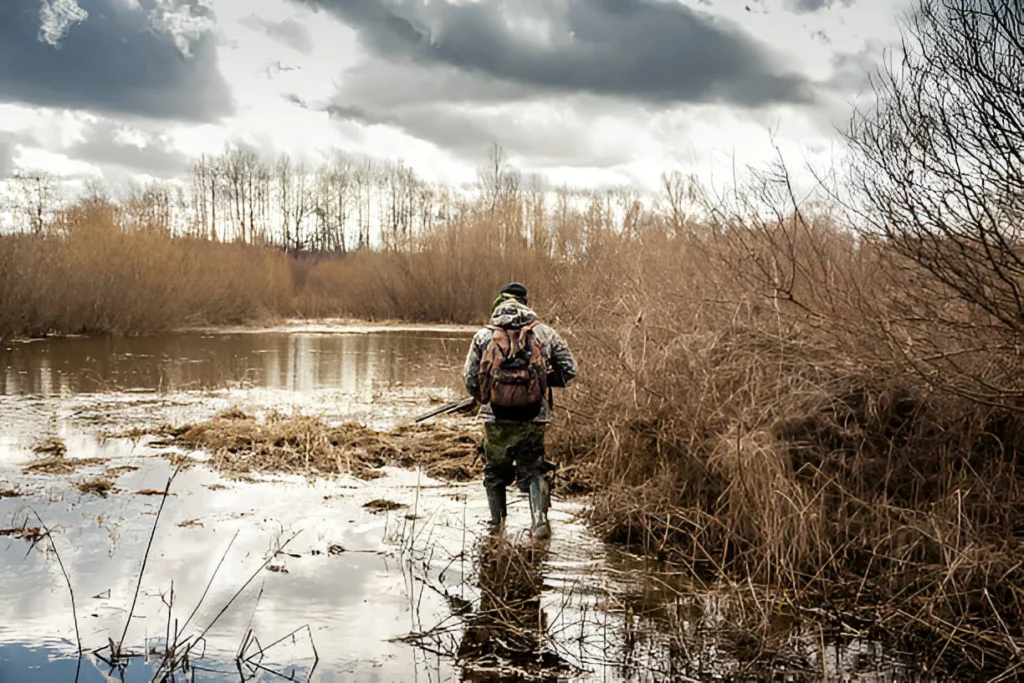 A lone hunter in camouflage gear walks through a flooded field, holding a rifle, surveying the landscape.